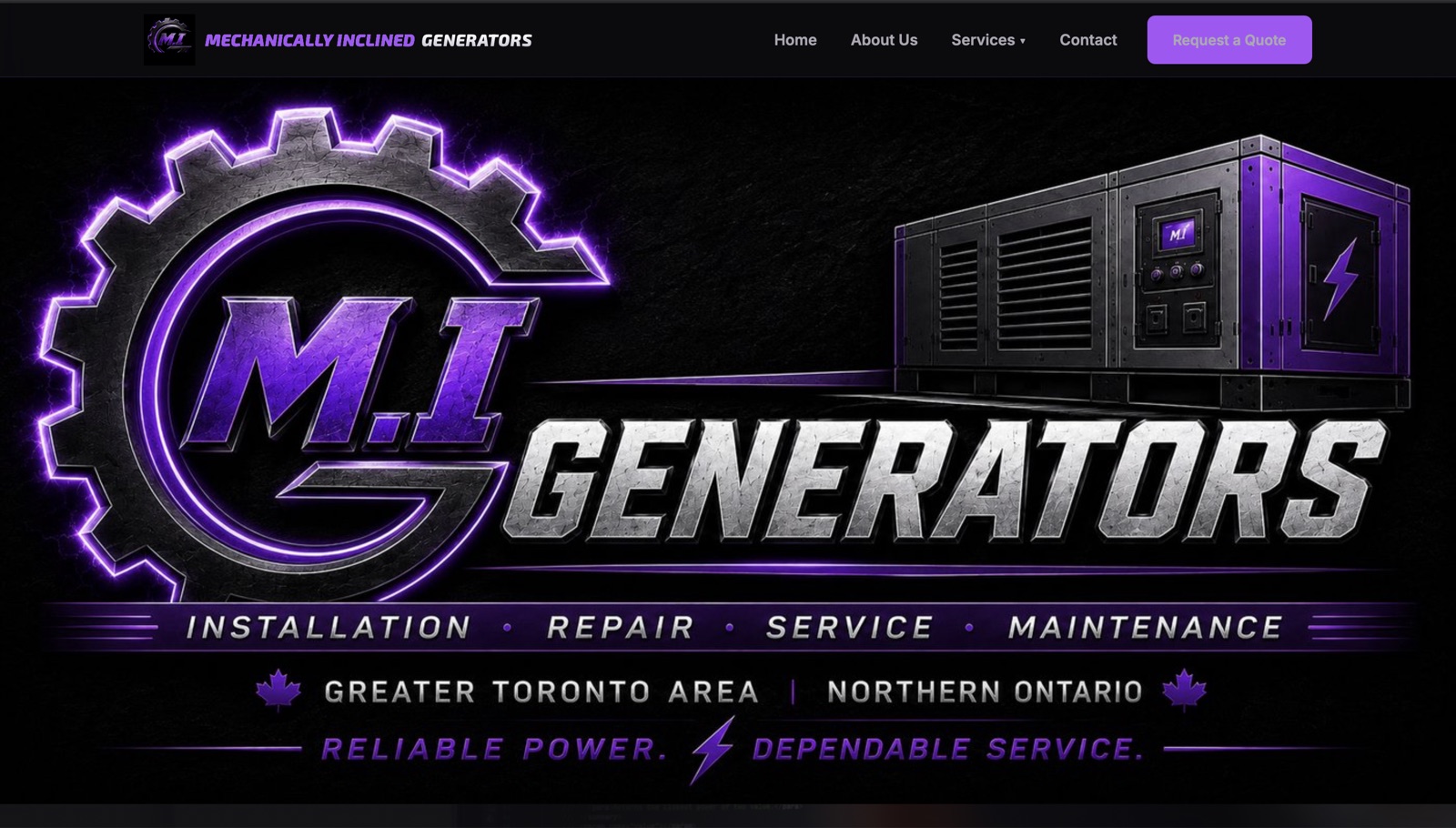 MI Generators website homepage