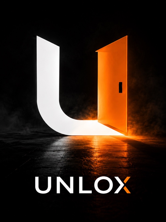 Unlox brand mark — a white letter U forming an open orange door